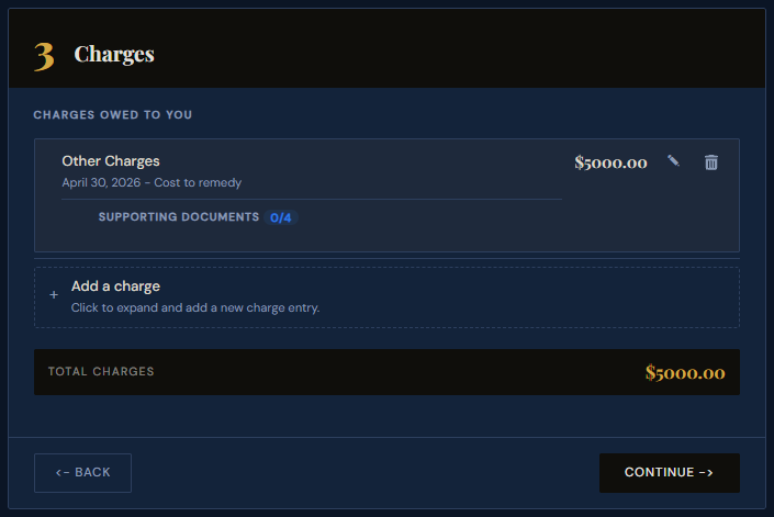 SettleBot claim wizard step 3 — charges showing cost to remedy with total charges summary