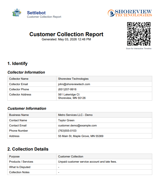SettleBot customer collection report PDF — account details and balance breakdown