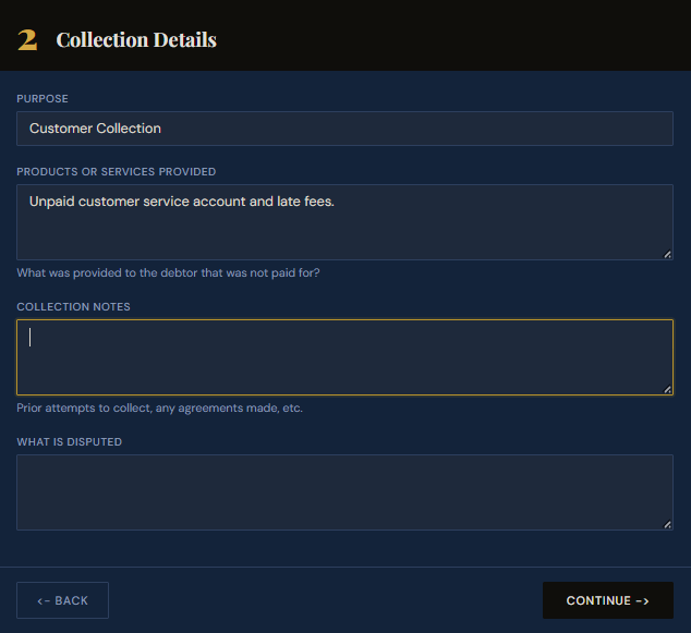 SettleBot claim wizard step 2 — describe services and collection purpose