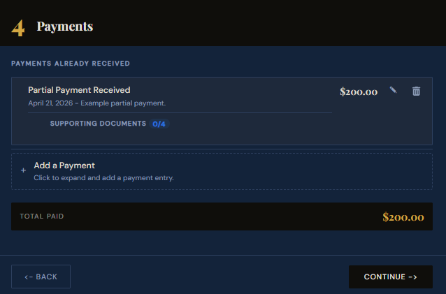 SettleBot claim wizard step 4 — record partial payments received