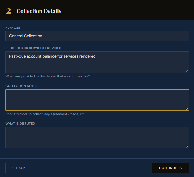 SettleBot claim wizard step 2 — describe the debt and collection purpose