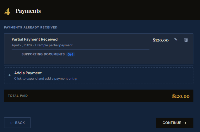 SettleBot claim wizard step 4 — record partial payments already received