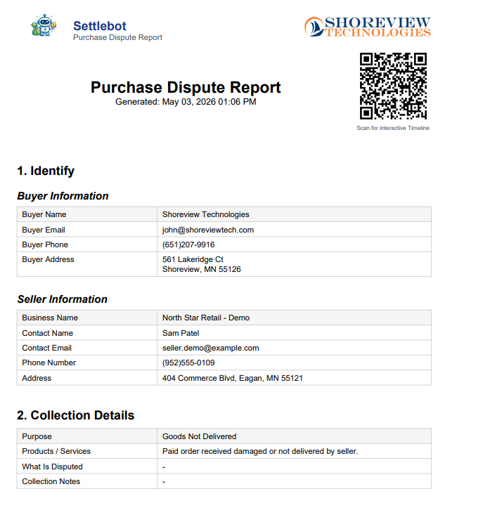 SettleBot purchase dispute report PDF — seller info, order details, and refund amount