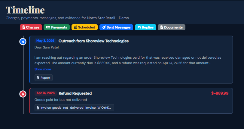 SettleBot timeline — goods not delivered dispute events logged