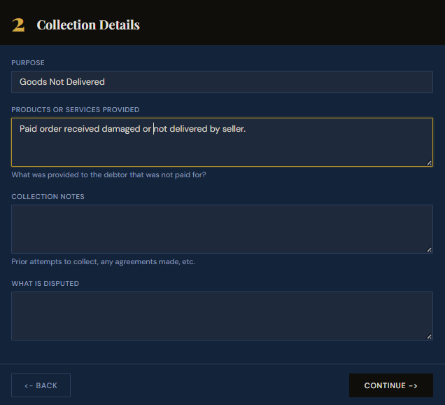 SettleBot claim wizard step 2 — describe goods not delivered and order purpose