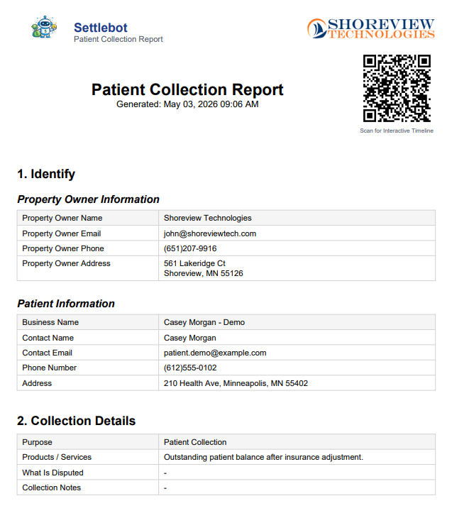 SettleBot patient collection report PDF — patient information and balance breakdown