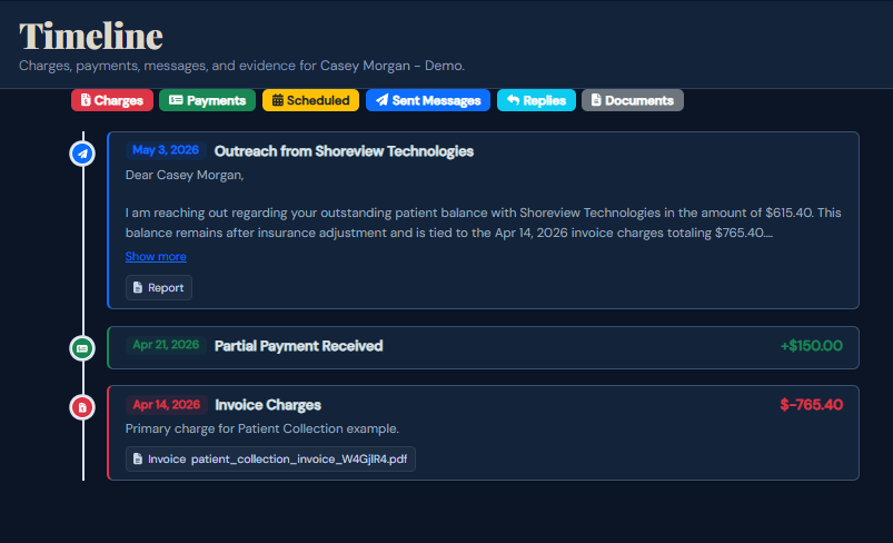 SettleBot timeline — patient collection events logged