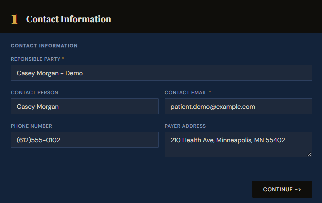 SettleBot claim wizard step 1 — enter patient contact information