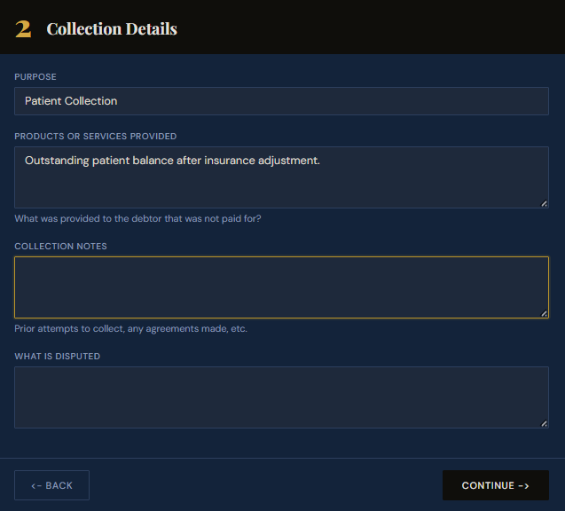 SettleBot claim wizard step 2 — set purpose and describe patient balance