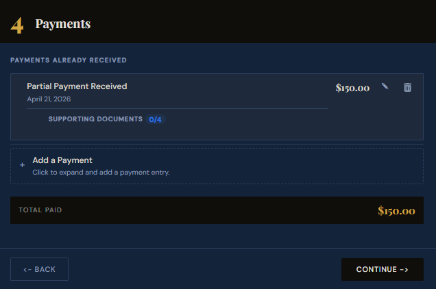 SettleBot claim wizard step 4 — record partial payments already received