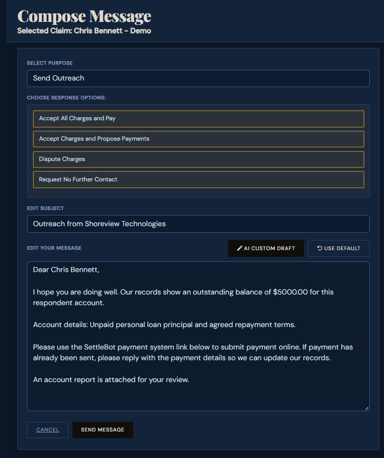 SettleBot AI compose message — personal loan repayment request
