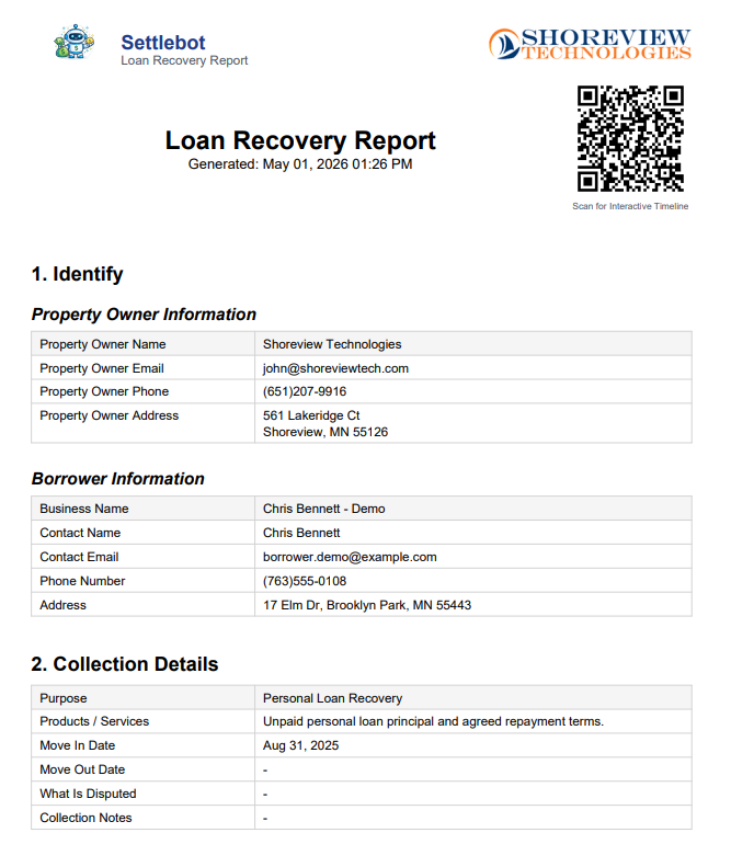 SettleBot loan recovery report PDF — borrower information, loan details, and amount owed