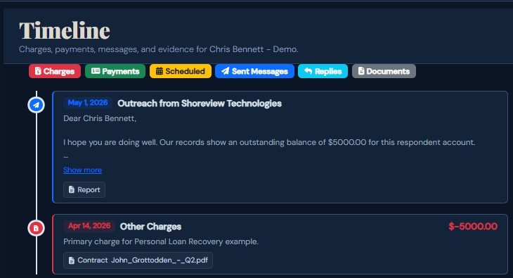 SettleBot timeline — personal loan claim events logged