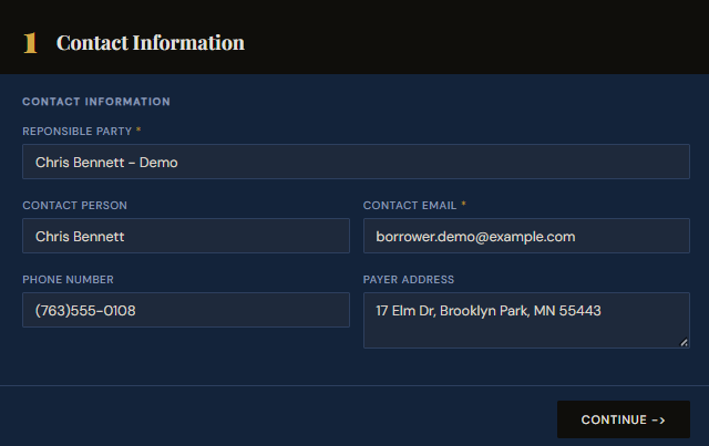 SettleBot claim wizard step 1 — enter borrower contact information