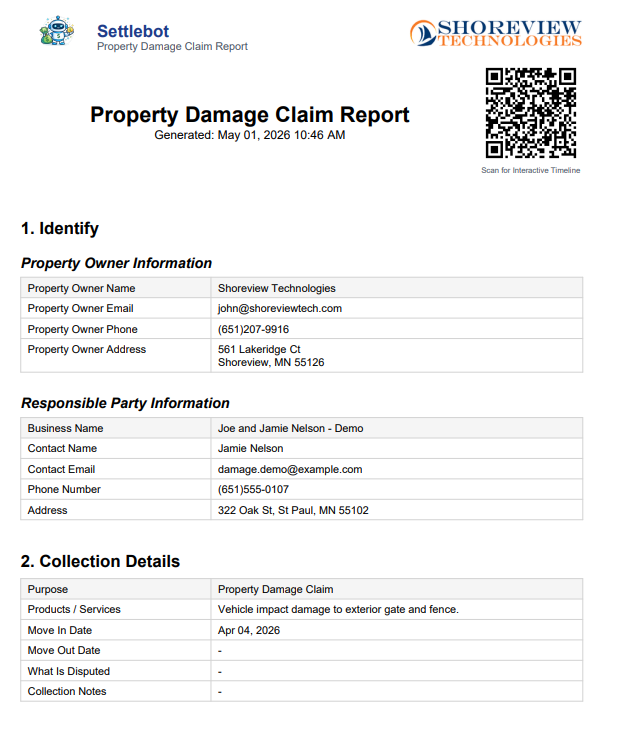 SettleBot PDF property damage demand — photos, estimates, and total claimed