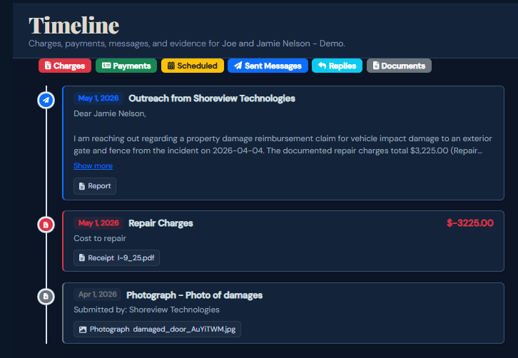 SettleBot timeline — property damage claim events logged