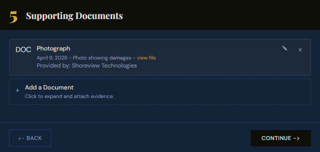 SettleBot claim wizard — attach damage photos and supporting evidence