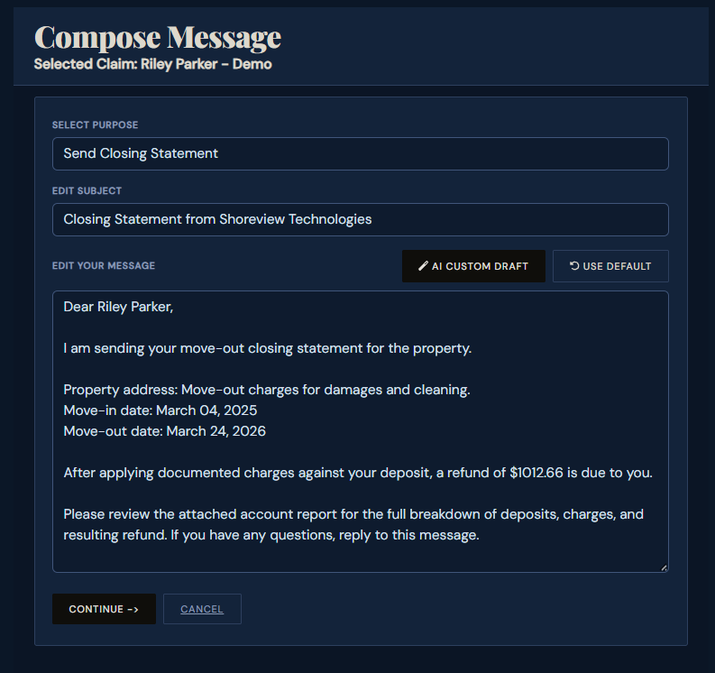 SettleBot compose message — AI Custom Draft button generates a professional closing statement