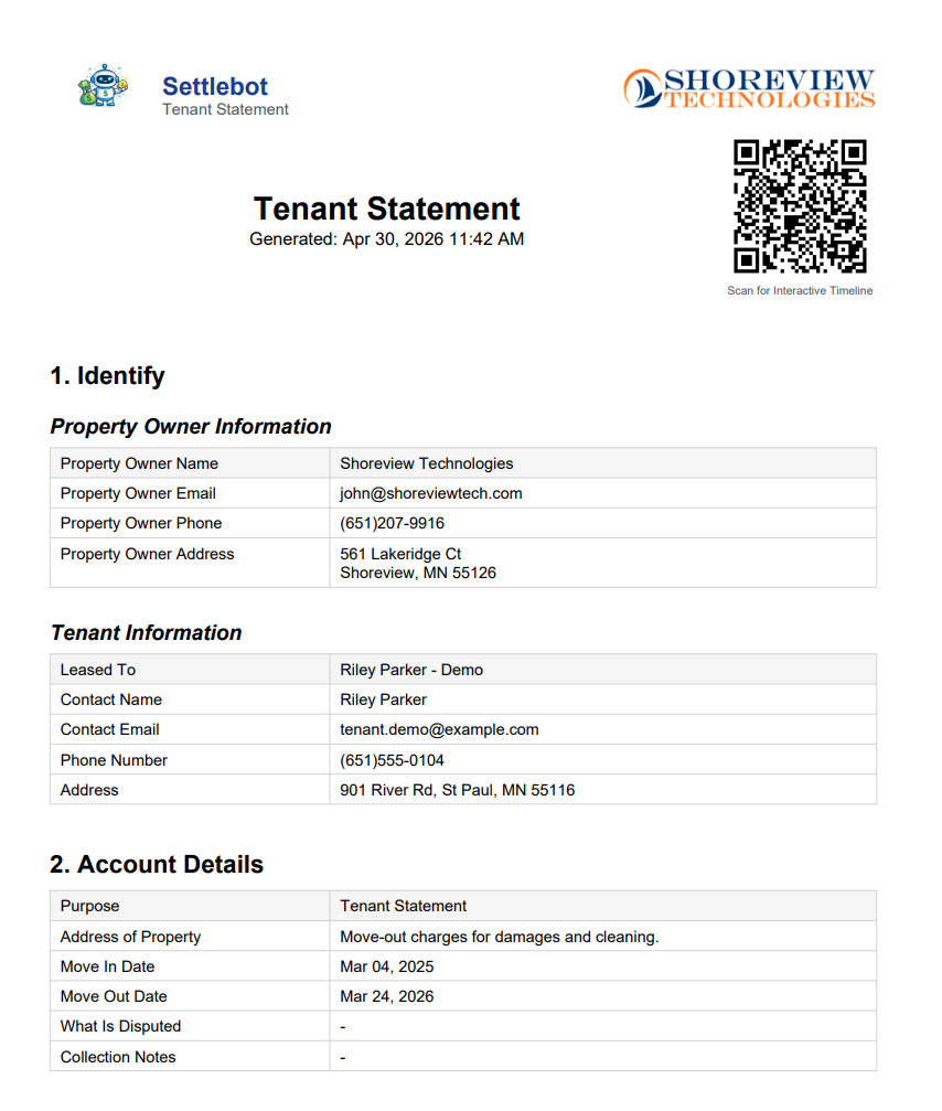 SettleBot PDF tenant statement — professional cover with Settlebot branding, property owner and tenant information