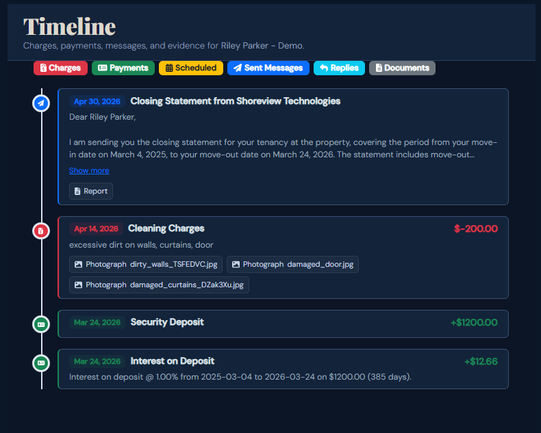 SettleBot timeline — complete chronological record of charges, payments, sent messages, and tenant responses