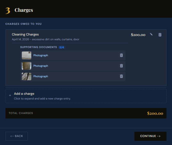 SettleBot claim wizard step 3 — charges list showing cleaning charge with 3 supporting photographs and total amount due