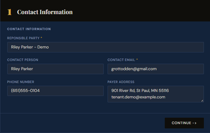 SettleBot claim wizard step 1 — tenant contact information form with name, email, phone, and address