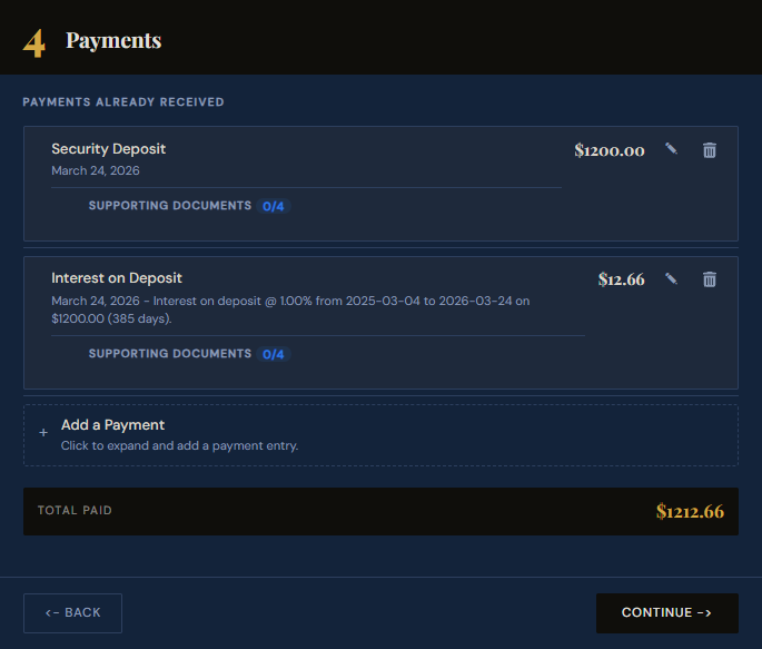SettleBot claim wizard step 4 — payments showing security deposit and accrued interest with running total