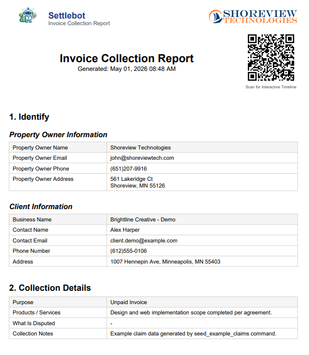 SettleBot Invoice Collection Report PDF — property owner info, client details, purpose, and collection notes