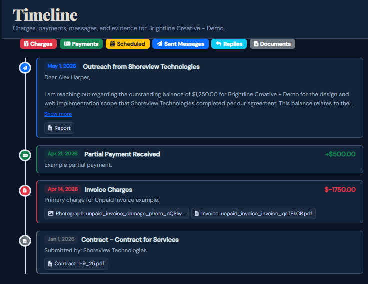 SettleBot timeline — outreach sent, partial payment received, invoice charges, and contract document for Brightline Creative
