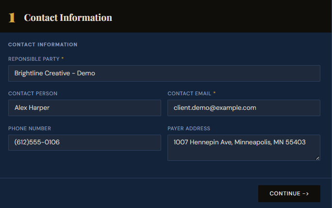 SettleBot claim wizard step 1 — client contact information form with business name, email, phone, and address