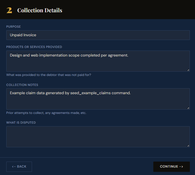 SettleBot claim wizard step 2 — collection details with Unpaid Invoice purpose and services description