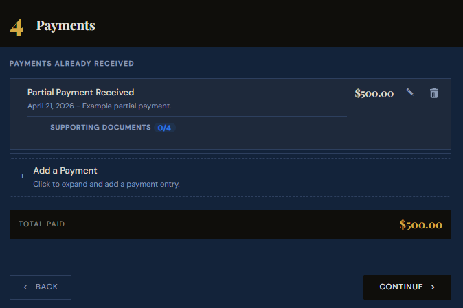 SettleBot claim wizard step 4 — payments showing partial payment received with total paid summary